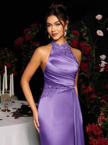 Coutiva 女式闪亮褶饰鱼尾下摆露背优雅晚礼服，正式，派对礼服，适合婚礼宾客