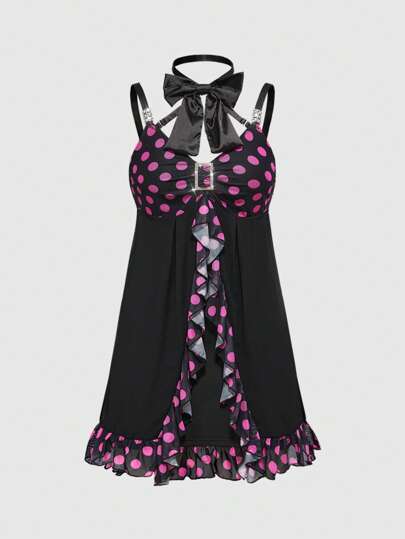 J-Fashion Women's Polka Dot Print Ruffle Hem Spaghetti Strap Bow Tied Neck Mini Dress