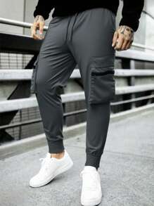 Manfinity Homme Dark Grey Men's Drawstring Waist Skinny Jogger Pants,Solid Color Casual & Stylish Cargo Men Clothes,Autumn Streetwear Gym Joggers For Men - Dark Grey - View 4