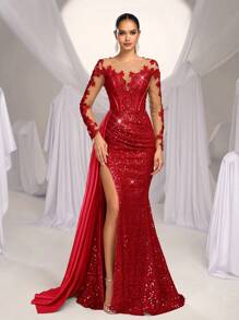Glamrae Elegant Luxurious Embroidered Applique Lace Sequined Satin Ruched Mermaid Tail Split Hem Long Dress With Train,Suitable For Weddings,Formal Parties - Red - View 6
