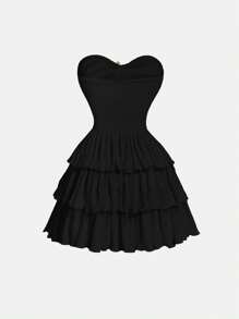 SHEIN MOD 无肩带镂空前星金属装饰多层裙装 - 黑色 - 查看 2