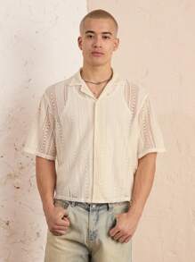 Manfinity VCAY Sheer Sensitive Collared Lace-Trim Loose Fit Short Sleeve Men's Shirt - White - View 1