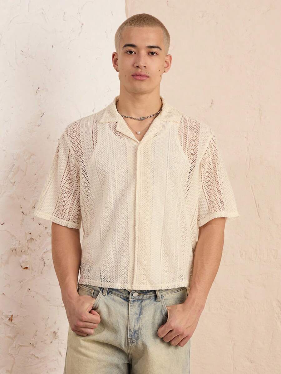 Manfinity VCAY Sheer Sensitive Collared Lace-Trim Loose Fit Short Sleeve Men's Shirt - White - View 1