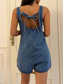SHEIN PETITE Women's Blue Denim Overalls And Jumpsuits Backless Bow Casual Jumpsuit Outfit Summer Outfits - Light Wash - View 2