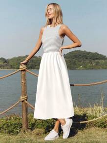SHEIN LUNE Women's Sleeveless Ruched Ribbed Shirred A-Line Midi Dress, Casual/Vacation Elegant Comfortable Everyday Dress - White - View 5
