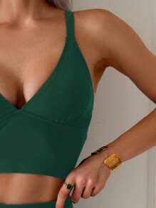 SHEIN Swim Women's Vacation Beach Solid Color Camisole Tankini Set For Summer - Dark Green - View 5