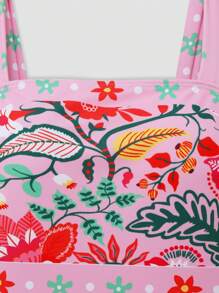 Swim Oasis 加大码 2 件热带植物印花连体泳衣和长款荷叶边下摆沙滩裙套装，高端女士夏季波西米亚海滩度假泳装