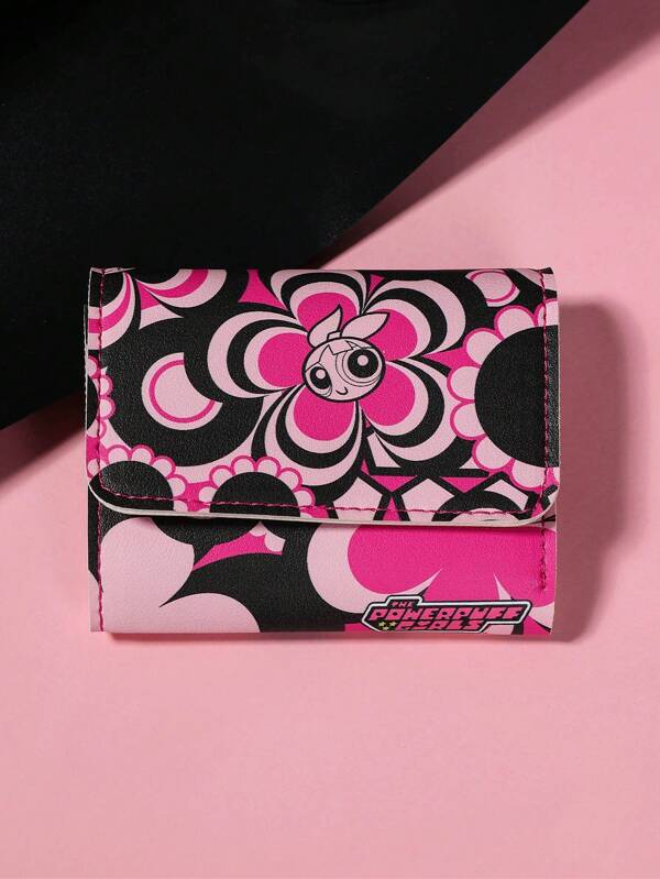 THE POWERPUFF GIRLS X SHEIN Tarjetero con estampado de flores rosas y flores de moda y lindo