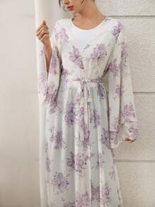 Yasmyna Women's Elegant Floral Print Loose Long Sleeve Side-Slit Abaya, Modest Robe