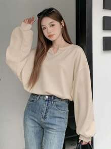 DAZY Women Solid V-Neck Drop Shoulder Long Sleeve Casual Loose T-Shirt Womens Waffle Knit Top Womens Knit Top Waffle Top Solid Color Top Womens Sweater Top
