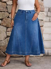 EMERY ROSE Plus Size Denim Casual Holiday Skirt, Spring - Dark Wash - View 5