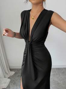 Rafferiza Petite Elegant Sleeveless Deep V-Neck Ruched Hem Split Dress, Women, Spring/Summer - Black - View 5