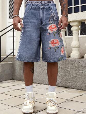 Street Life Pantaloncini di jeans da uomo con motivo floreale e strass