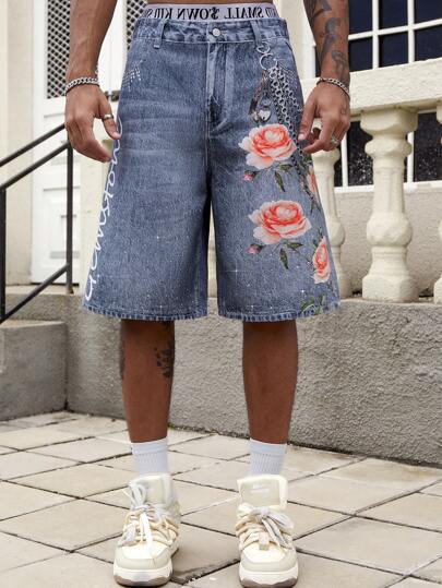 Street Life Men's Rhinestone Floral Pattern Denim Shorts, Vacation