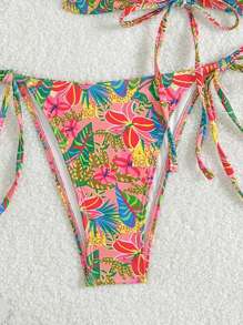 SHEIN Swim Women's 3pcs Bikini Set, Including Print Halter & Bandeau Top With Tie Side Bottoms, Fashion Resort Style For Summer