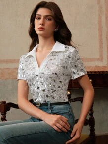 Anewsta Blouse femme élégante à col polo avec ornements de sequins, manches courtes. Parfaite pour le printemps, l'été, les festivals et les remises de diplômes. - Argent - Voir 4