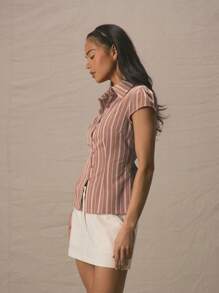MUSERA 翻领收腰修身短袖衬衫，春夏可爱度假条纹日常胶囊衣橱假日优雅秋季款 - 粉色 - 查看 3