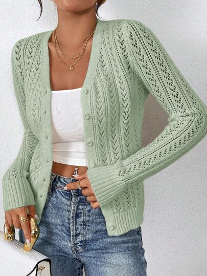 SHEIN Frenchy 女士休闲纯色镂空针织开衫