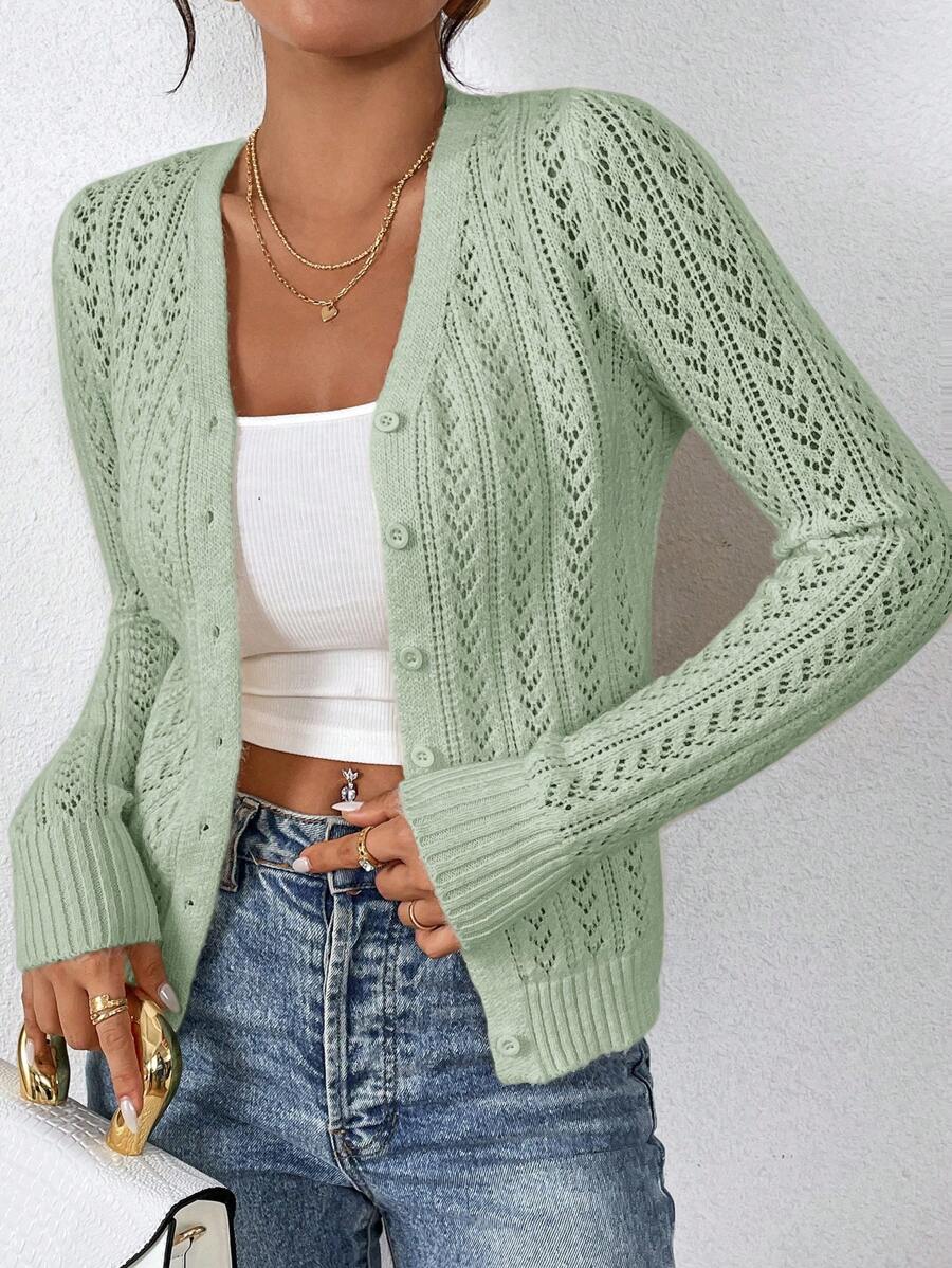 SHEIN Frenchy Áo len cardigan dệt kim khoét lỗ màu trơn thường ngày cho nữ - màu xanh lá - Xem 1