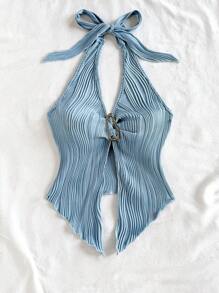 Soleia 休闲系带金属扣合身不对称下摆吊带背心 - 藍色 - 查看 5