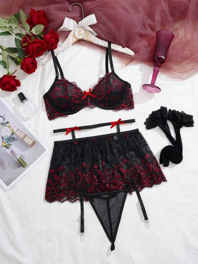 Bloemen Kanten Underwire Garter Lingerie Set 1pair Stocking view 6