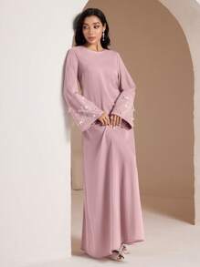 Veilorie Women's Elegant Beaded Bow Decorated Arabian Style Dress, Modest - Pink - View 6