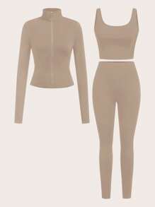 SHEIN EZwear 卡其色针织女式运动套装，春夏 - 卡其色 - 查看 6