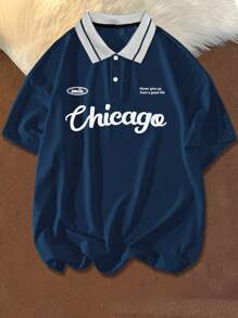 Manfinity Sporsity Camisa polo de manga corta con estampado de letras y color contrastante, talla grande para hombres