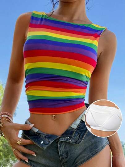 SHEIN EZwear Summer Rainbow Stripe Cotton Padded Cropped Camisole Top For Pride Life , LGBTQ