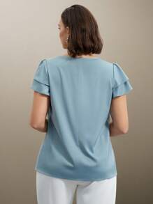 SHEIN Clasi 大码女式夏季纯色圆领褶皱双层袖衬衫 - 藍色 - 查看 2