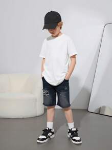 Denimly Boys' Outdoor Street-Style Fashion Versatile Casual Denim Shorts With Elastic Waist, Zipper, Distressed Holes, Acid Wash - Black - View 6