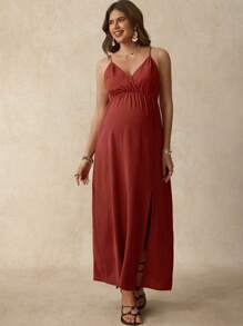 Boho Mama Maternity Solid Color Slit Up To Thigh Cami Dress Vacation Outfits  Birthday Dresses For Maternity Summer - Rust Brown - View 6