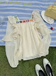 DAZY Blusa casual y elegante de mujer con bordado, manga larga, cuello cuadrado y crochet, para primavera/verano y otoño, top estilo babydoll - Albaricoque - Ver 2