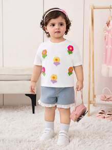 SHEIN Camiseta de punto de manga corta casual con estampado floral lindo para bebé niña, versátil para el verano - Blanco - Ver 6