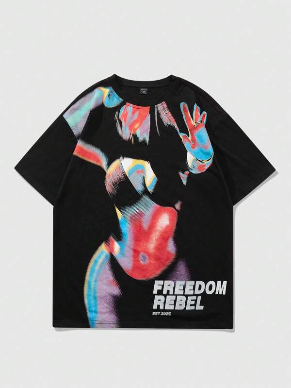 ROMWE MEN Goth Tricou cu mânecă scurtă pentru bărbați, retro, gotic american, sensibil la căldură, cu imprimeu degradat, potrivit pentru ținute ocazionale de zi cu zi, primăvară/vară