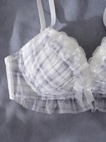 Dream Adore 格子、钢圈、模压罩杯、提升、支撑、蕾丝花边、多层荷叶边、荷叶边下摆、蝴蝶结、可爱洛丽塔娃娃、清新、可爱、舒适的半罩杯女士内衣文胸 - 藍色 - 查看 5