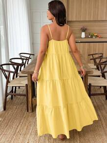 Weeklong Vestido de línea A con decoración de cuello con tirantes finos y dobladillo con volantes para mujeres talla grande de vacaciones - Amarillo - Ver 2