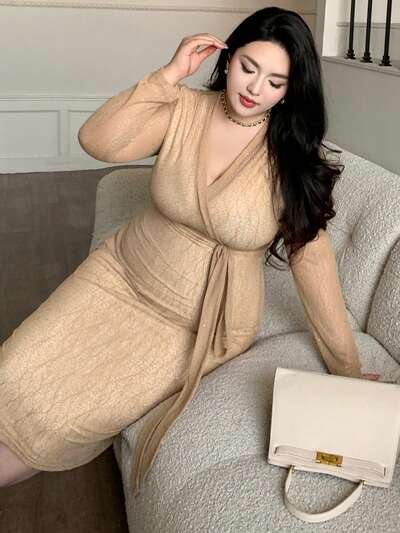 Dazy Plus Plus Size Textured Fabric V-Neck Bodycon Tie-Waist Split Midi Cocktail Dress,Fall Dress Long Sleeve Dress
