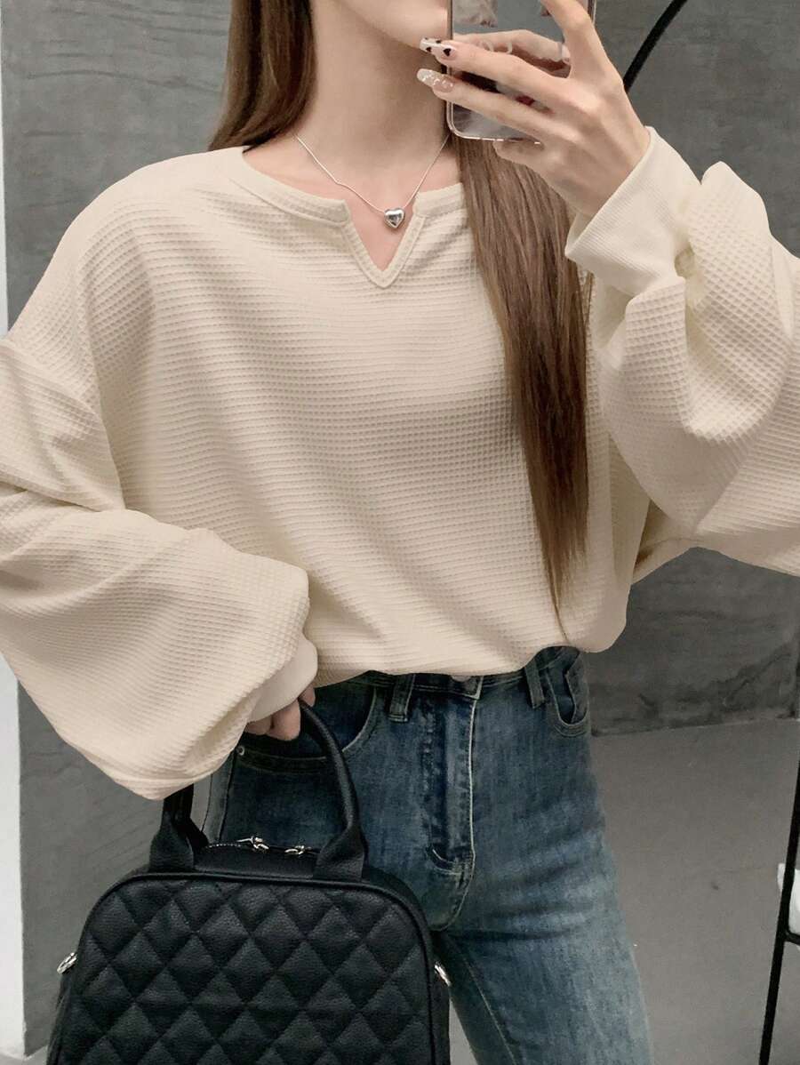 DAZY Women Solid V-Neck Drop Shoulder Long Sleeve Casual Loose T-Shirt Womens Waffle Knit Top Womens Knit Top Waffle Top Solid Color Top Womens Sweater Top