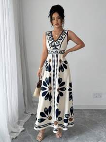 Elenzga Floral Print V-Neck Sleeveless Dress For Women, Vacation