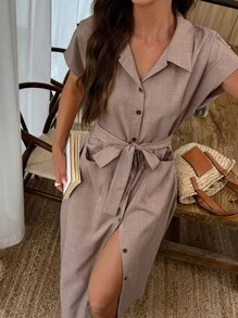 Elouméa Vestido de manga corta con largo midi para mujeres, conjunto de moda de verano - Marrón - Ver 4