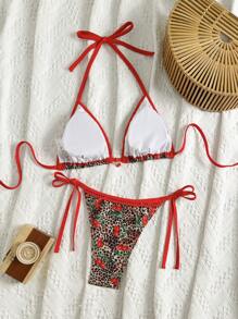 Swim Mod Women's Leopard Cherry Print Vacation Beach Swimsuit Set For Summer - Multicolor - View 2