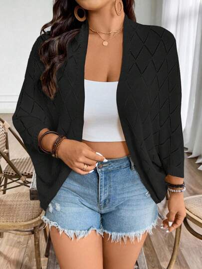 SHEIN LUNE 加大码薄款黑色开衫，纯色，夏季时尚