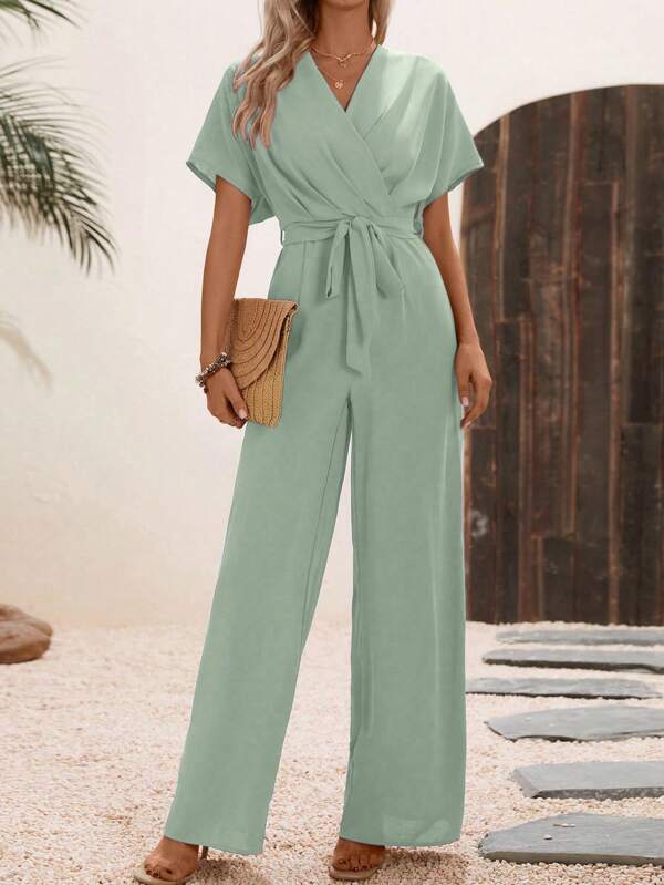 SHEIN Clasi Women Summer Casual Solid Color V-Neck Jumpsuit