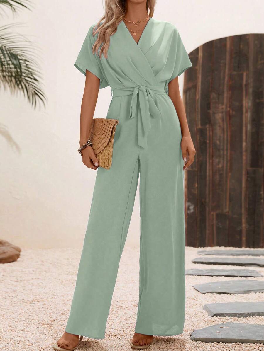 SHEIN Clasi Women Summer Casual Solid Color V-Neck Jumpsuit