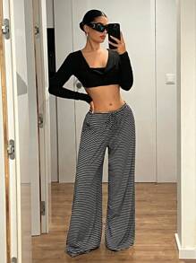 SHEIN ICON Damen Gestreifte Lange Hosen, Y2K Mode Lässige Gerade Bein Hosen mit Tunnelzug für Zuhause