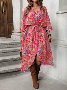 SHEIN LUNE Plus Size Women Retro Print Long Coat, Summer Beach , Tropical Printed Simple Daily Retro Printed Long Beach Coat , Mother Day - Multicolor - View 6