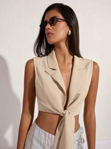 COSMINA Women's Solid Color Tie Waist Cropped Casual Shirt - Khaki - View 4