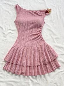 Soleia Women Vacation Textured Knit Asymmetric Shoulder Pink Mini Dress With 3D Floral Decor, Fitted With Ruffle Hem - Pink - View 4
