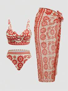 Swim Oasis 3pcs/Set Plus Size Women Print Twisted Bandeau Swimsuit With Detachable Straps, Hollow Design High Waist Briefs And See-Through Mesh Skirt, Fashion Beach Holiday Bikini Set For Summer Beach Vacation - Multicolor - View 1